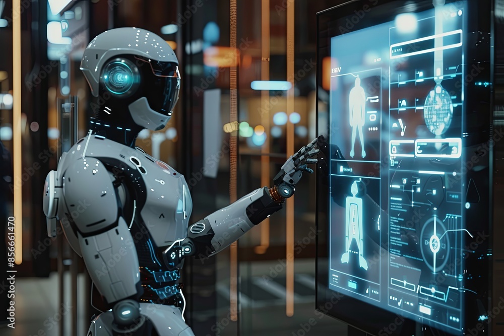Poster a humanoid robot with a sleek, white exterior interacts with a touchscreen interface in a modern set