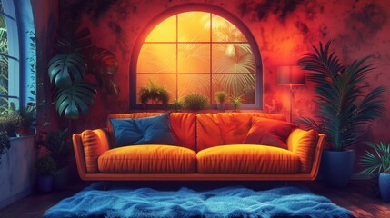 Vibrant Living Room at Dusk with Abstract Artwork