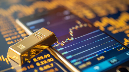 A financial app on a smartphone showing detailed gold stock charts. investment finance