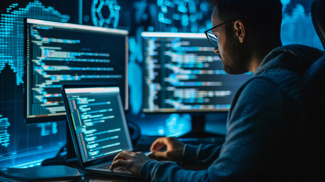 A cybersecurity analyst reviewing AI-generated threat reports. technology AI