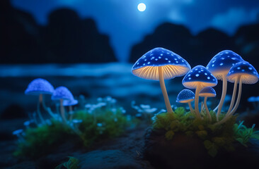 Fototapeta premium Cartoon mushroom tree with glowing blue and purple spores on the shore