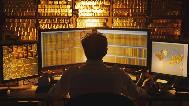 An online broker reviewing gold stock performance on a multi-screen setup. investment finance