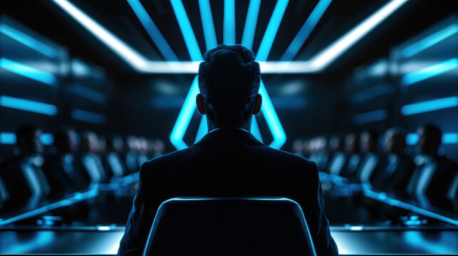 A man is sitting in a chair in front of a large group of people