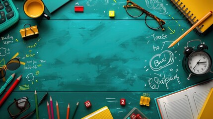 green textbook with notes on a yellow background, study resources banner with copy space area for text and design elements