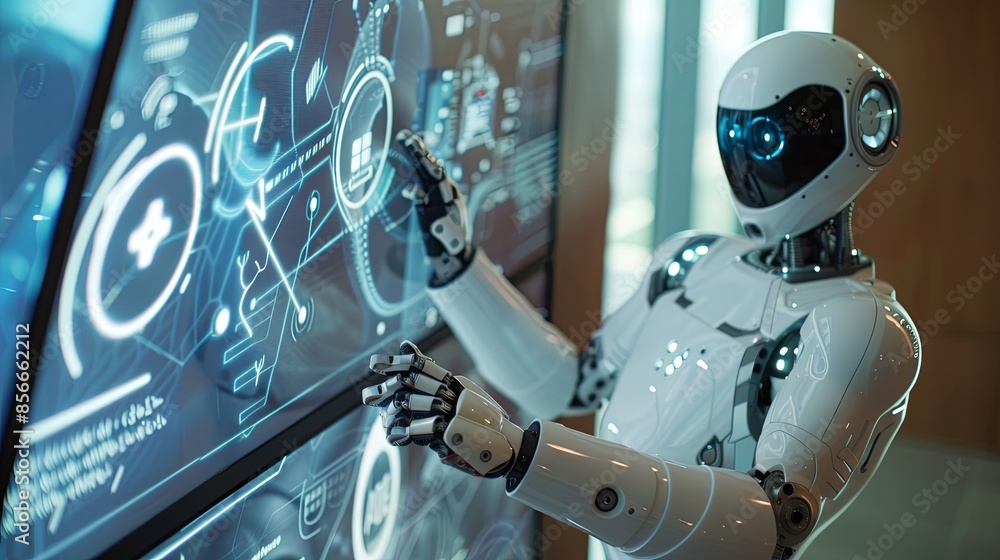 Poster A humanoid robot interacts with a human in a sleek, modern setting. The robot is equipped with a touchscreen interface that displays various AI functions and options. Generative AI