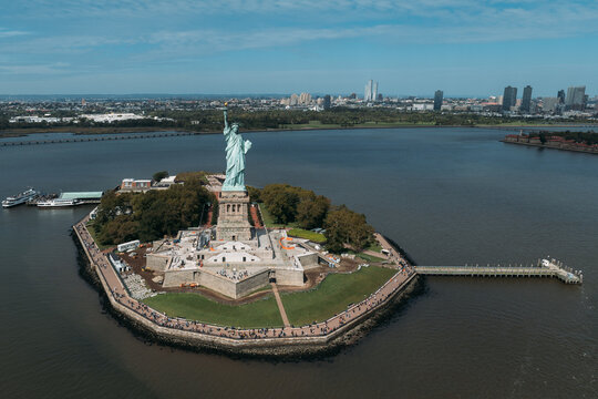 Aerial view of the Statue of Liberty and Liberty Island in New York City