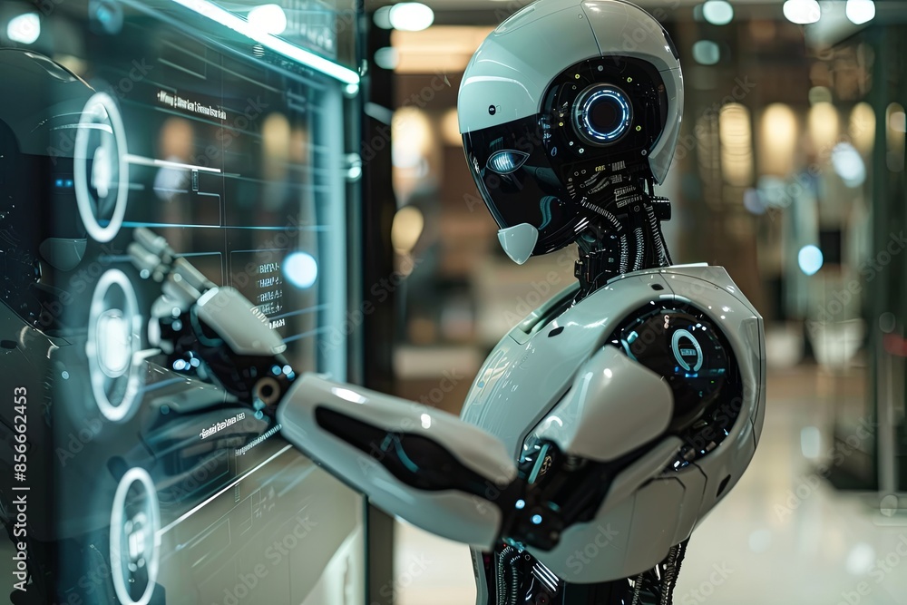 Aufkleber a humanoid robot interacts with a touchscreen interface, displaying ai functions, in a modern settin