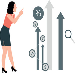 The girl is pointing to the raising graphs.