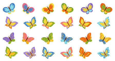 Vector illustration of colorful butteries. Big set of different butterflies.