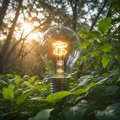 Concetto di energia verde e rinnovabile, lampadina, lampadine accesa in un contorno di foglie, alberi e vegetazione verde