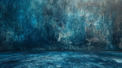 Blue dark concrete walls and floors against an abstract background, the interior of the room with spotlights
