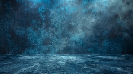 Blue dark concrete walls and floors against an abstract background, the interior of the room with spotlights