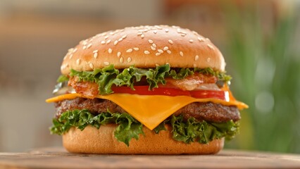 Close-up of home made tasty burgers on old olive wooden table.