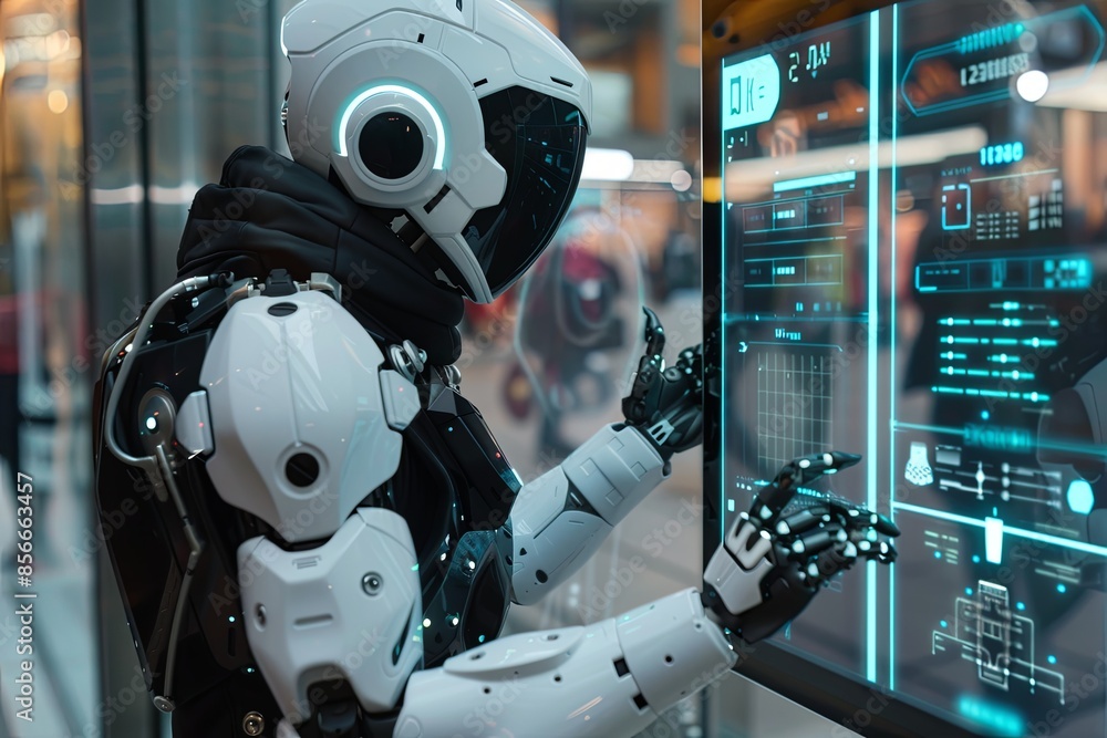 Aufkleber a humanoid robot with a sleek, white and black design interacts with a touchscreen interface, displa