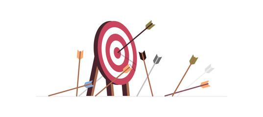 Multiple arrow missed hitting target mark and fail archery goal inaccurate to purpose concept on background flat vector illustration.