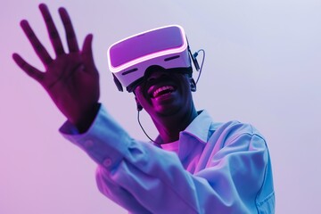 Excited person in virtual reality headset interacts with VR world in futuristic setting. Vibrant colors and modern style. Perfect for technology and innovation themes. Generative AI