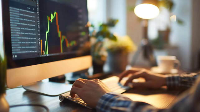 A person analyzing gold stock market trends on a computer at home. investment finance