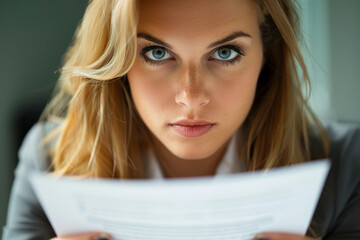 A woman with blue eyes is holding a piece of paper in front of her face