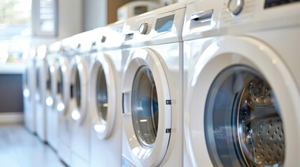 White Front Loading Washing Machines and Dryers in Lined-Up Formation