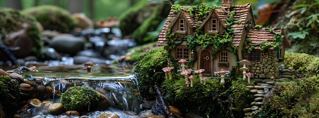 A quaint woodland cottage stands at the edge of a meandering stream, its miniature facade adorned with intricate ivy vines and whimsical mushroom accents