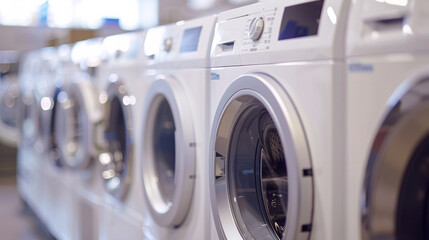 White Front Loading Washing Machines and Dryers in Lined-Up Formation