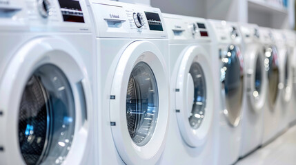 White Front Loading Washing Machines and Dryers in Lined-Up Formation