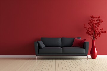 Minimalist Living Room with Red Wall and Black Sofa. Modern Interior Design with Black Sofa and Red Accents