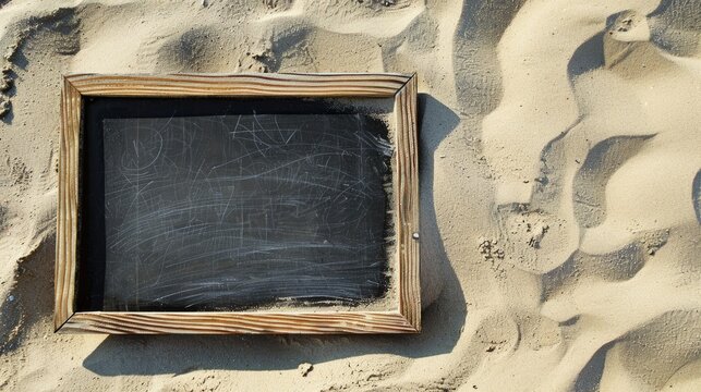 Copy space on black board against beach sand background