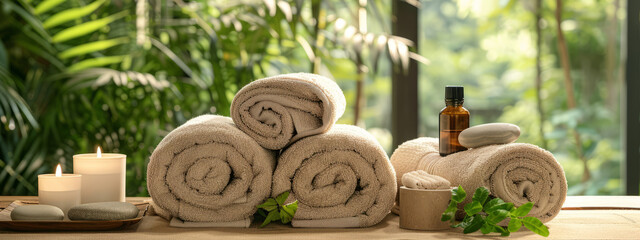 Spa setting with towels, candles, and aromatherapy oils on a wooden surface. Lush green plants in the background create a tranquil atmosphere, perfect for relaxation and self-care
