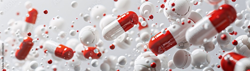 Aufkleber red and white pills appear to float weightlessly against a clean white background, surrounded by sma