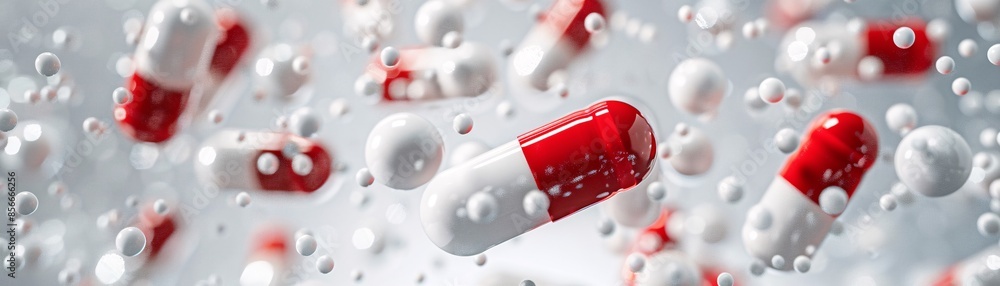 Aufkleber red and white pills appear to float weightlessly against a clean white background, surrounded by sma