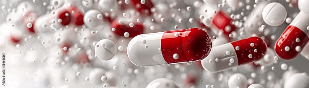 Aufkleber red and white pills appear to float weightlessly against a clean white background, surrounded by sma