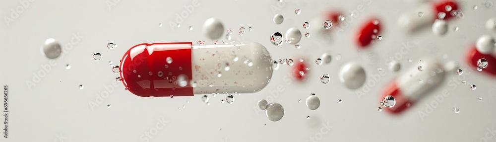 Poster a minimalist image showcases red and white capsules suspended in mid-air, accompanied by tiny white 