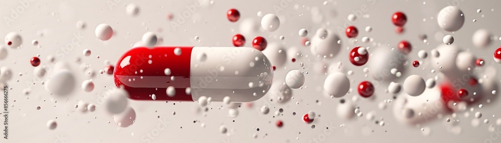 Poster floating red and white capsules intermingle with small white balls in a minimalist setting against a