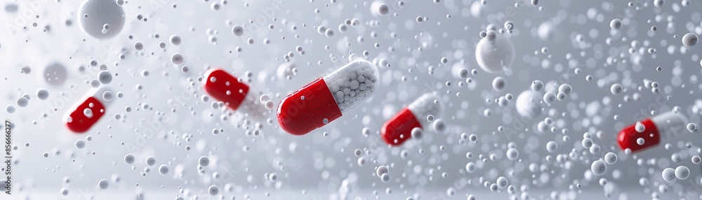 Aufkleber red and white pills appear to float weightlessly against a clean white background, surrounded by sma