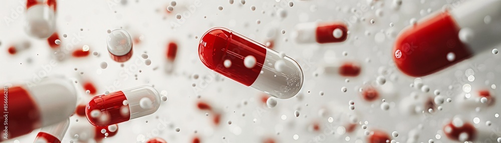 Poster a minimalist image showcases red and white capsules suspended in mid-air, accompanied by tiny white 