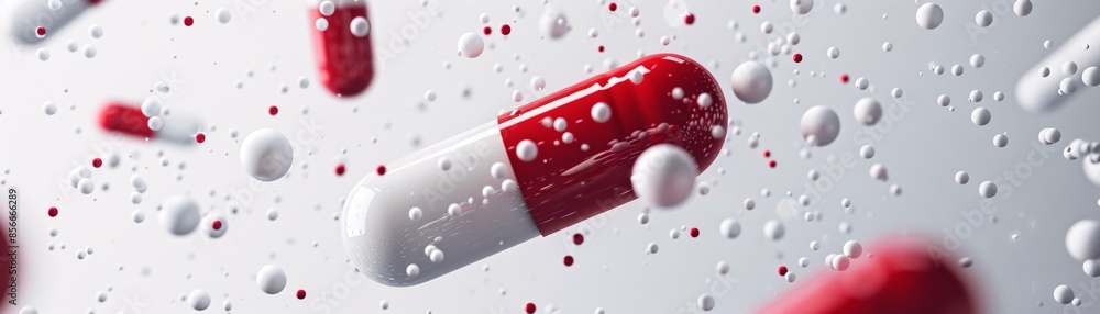 Poster a minimalist image showcases red and white capsules suspended in mid-air, accompanied by tiny white 