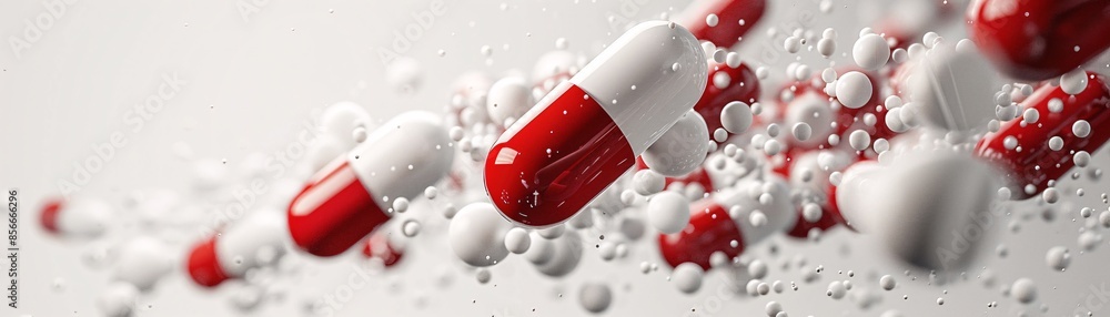 Poster a minimalist image showcases red and white capsules suspended in mid-air, accompanied by tiny white 