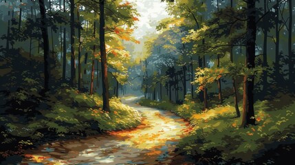 Fototapeta premium Autumn Forest Path, Painting of Woodland Scene
