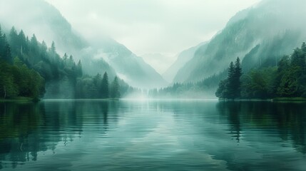 Obraz premium Scenic Mountain Valley with Lake and Fog, Nature Vista