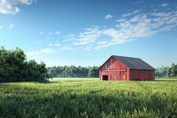 A scenic view of a red barn in a lush green field under a partly cloudy sky, surrounded by trees, depicting a tranquil countryside setting.