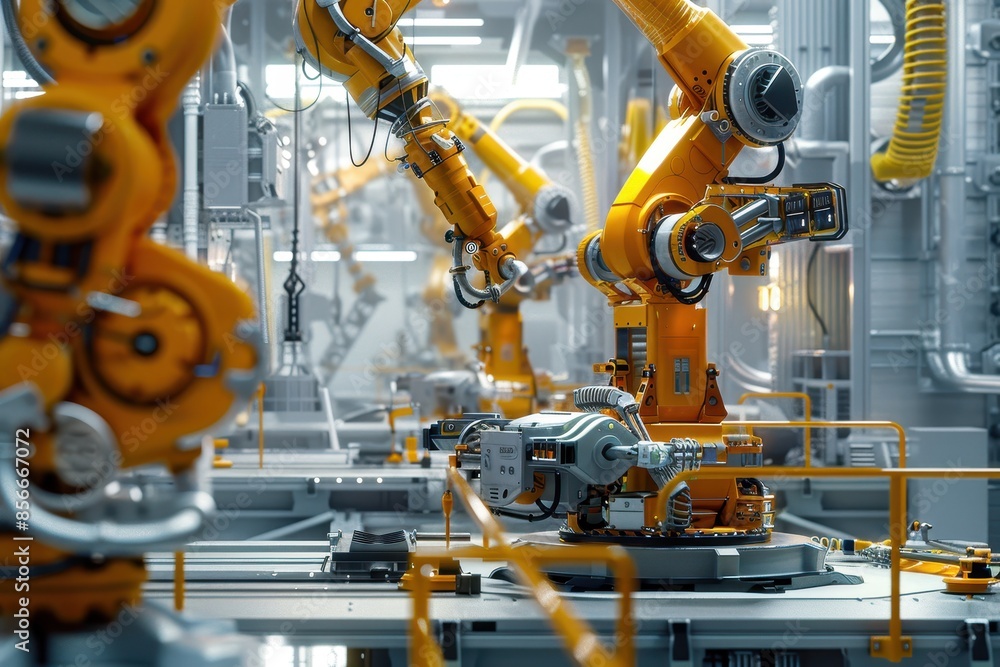 Poster modern automated robotic arms working in an advanced industrial factory setting showcasing technolog