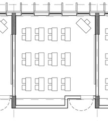 2d architectural drawing illustration of a primary school classroom for 24 students. Basic layout with desks for two. Educational space. Monochrome image