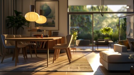 A modern living room with dining table