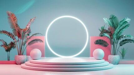 Modern abstract background with neon circle, tropical plants, and minimalist shapes in pastel colors. Perfect for trendy design themes.