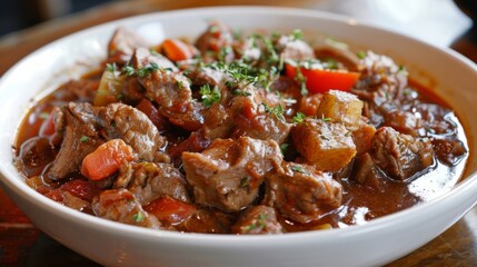 Fototapeta premium A hearty bowl of pirates stew filled with chunks of meat vegetables and es.