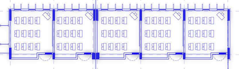 Partial 2d architectural drawing illustration of a school. Classrooms for 24 students. Basic layout with desks for two. Educational space.  Blue colored lines on white background. 