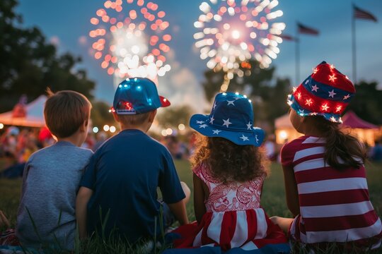 Heartwarming 4th of July community event at a local park, featuring families watching a fireworks display, kids playing games, and everyone dressed in festive red, white, and blue attire