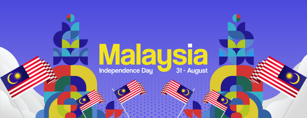 Malaysia Independence Day banner in modern geometric style. Wide banner with typography and also country flag. Background for National holiday celebration party. Happy Merdeka Day of Malaysia