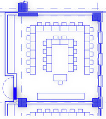 2d architectural drawing illustration of an art classroom for primary school. Educational space for children. Desk layout in U shape.  Blue colored lines on white background.  